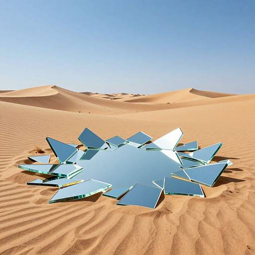 Mirrored shattered glass star-like shape in bright desert with golden sand dunes and clear blue sky, digital art.