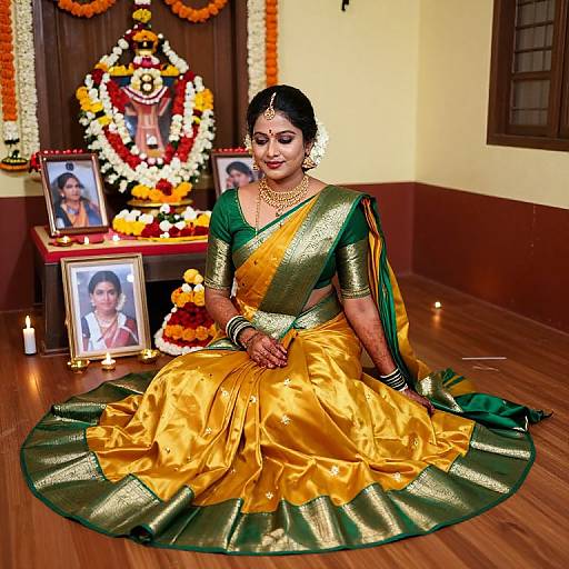 Photograph of an Indian bride in a golden-yellow and green sari, seated on wooden floor, adorned with jewelry, surrounded by framed photos and floral