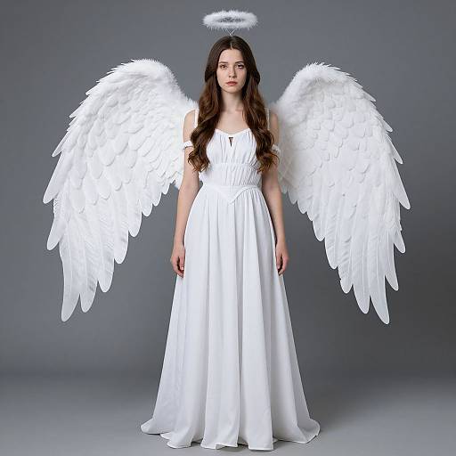 Photograph of a young woman with long brown hair, white angel wings, halo, and white dress, standing against a gray background.