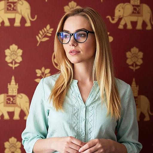 Blonde Woman in Light Green Top with Glasses