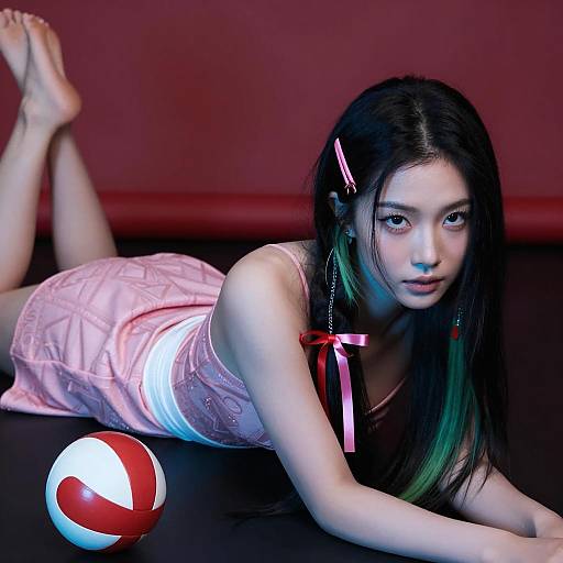 Asian Woman Lying on Floor with Volleyball
