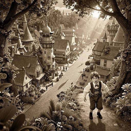 Sepia-toned illustration of a young boy in overalls running through a whimsical, fairy-tale village with tall, pointed-roof cottages
