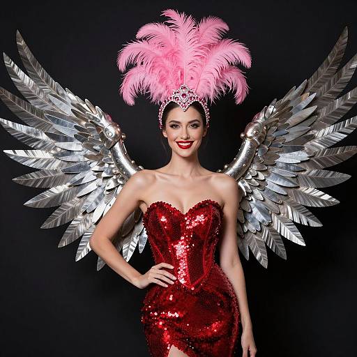 Woman in Red Sequined Dress with Pink Feathered Headdress and Metal Wings