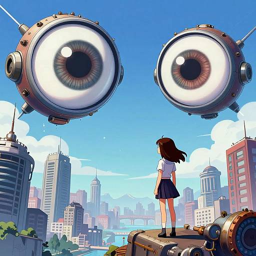 Steampunk Robotic Eyes in Futuristic Sky