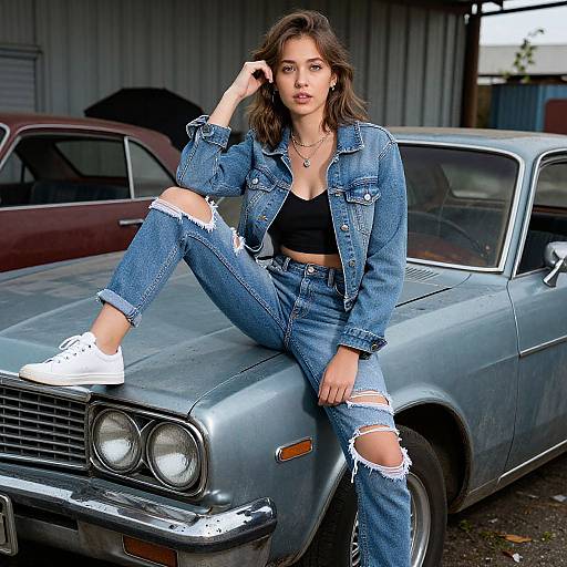 Photograph of a young woman with wavy brown hair, wearing a blue denim jacket, black crop top, and ripped jeans, sitting on a silver