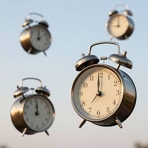 Photograph of four vintage silver alarm clocks with white faces, black numbers, and black hands, floating in mid-air against a blue sky background. Clock