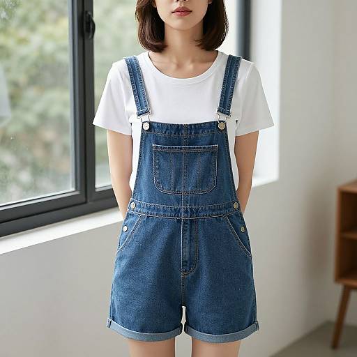 Photograph of an Asian woman with shoulder-length black hair, wearing a white t-shirt and blue denim overalls, standing in a bright room with a