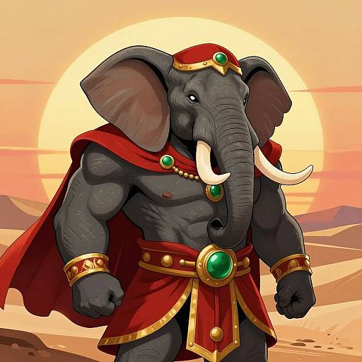 Muscular, dark gray elephant with white tusks, wearing red and gold regalia with green gems, stands in a desert sunset. Digital art.