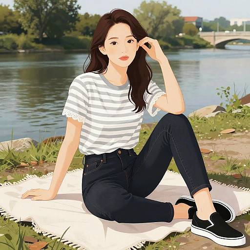 Woman in Casual Chic Outfit by Riverfront