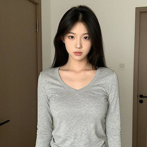 Photograph of a young East Asian woman with long black hair, wearing a light gray V-neck long-sleeve shirt, standing in a simple,