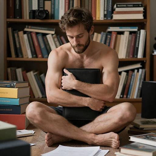 Bearded Man in Messy Book-Filled Room