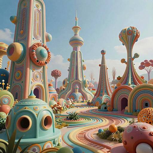 Vibrant, surreal digital artwork of colorful, abstract, futuristic towers with circular patterns, winding paths, and whimsical landscape under a clear blue sky