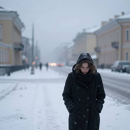 Photograph of a young woman in a black winter coat with hood, standing in a snowy urban street, looking down, snow falling. Blurred background