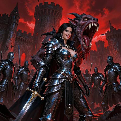 Digital fantasy artwork of a fierce, armored woman with large breasts, black hair, and a dragon's head behind her, standing in front of a red
