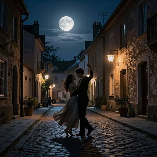 Photograph of a romantic night scene: silhouetted couple dancing on cobblestone street under full moon, illuminated by vintage street lamps.