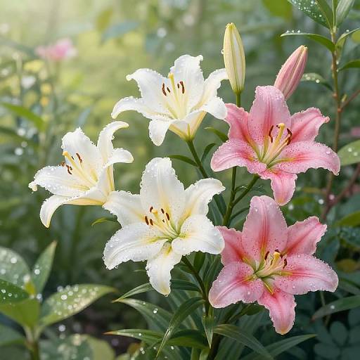 Photograph of white and pink lilies with dewdrops, illuminated by sunlight, surrounded by green leaves in a lush garden.