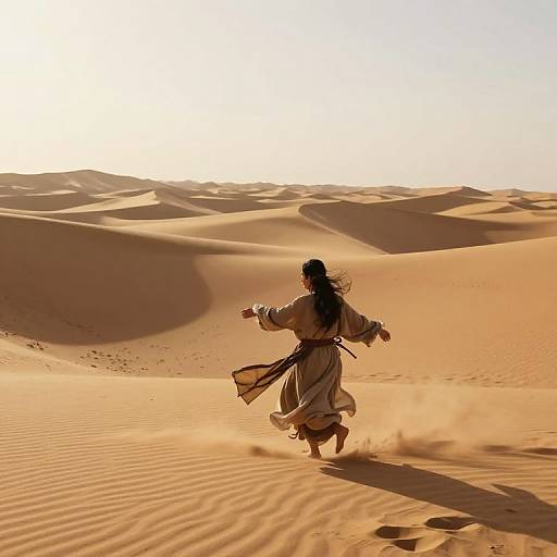 Photograph of a lone woman in flowing desert attire, running through golden sand dunes under a bright, clear sky.