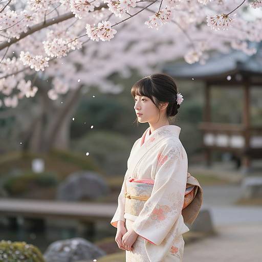 Photograph of a young Japanese woman in a white kimono with pink floral patterns, standing under cherry blossoms, looking to the side. Background includes
