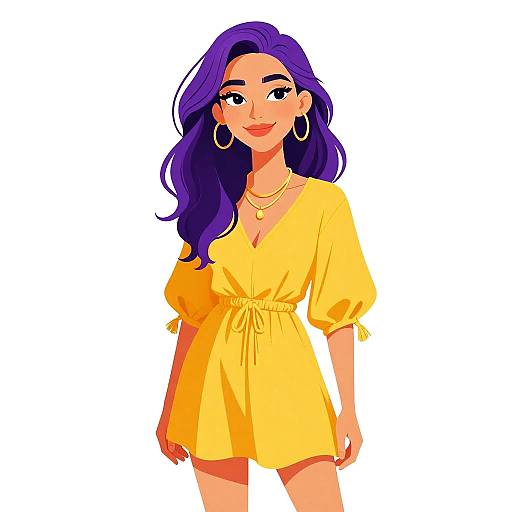 Digital illustration of a smiling woman with long purple hair, wearing a yellow V-neck dress, hoop earrings, and necklace, standing against a plain white background