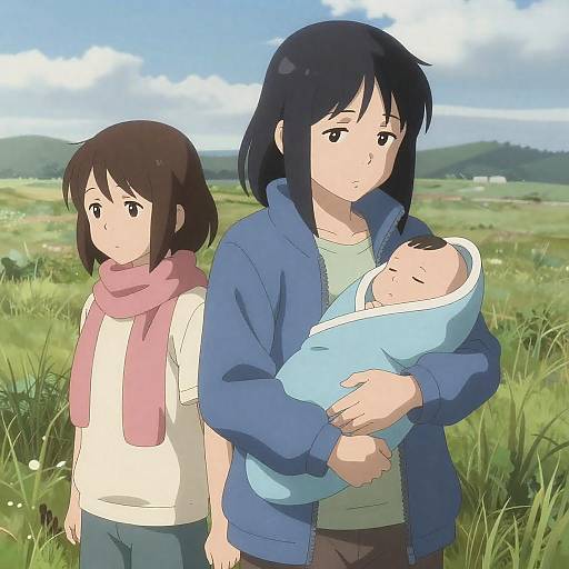 Somber Pair and Baby in Grassy Field