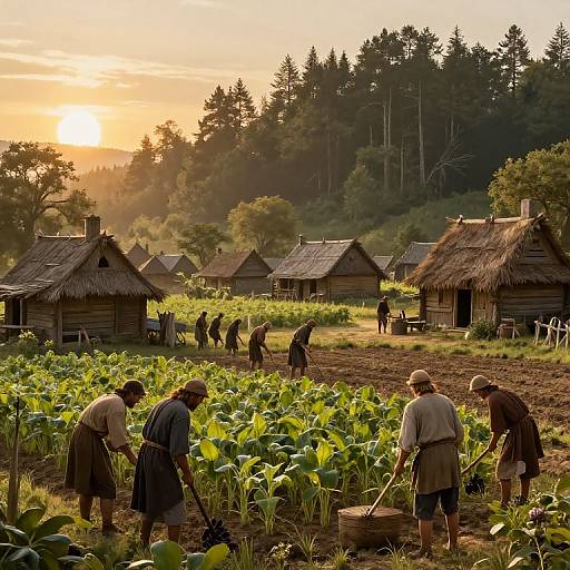 Photograph of rural village at sunset, featuring farmers in traditional clothes tending to lush green fields, with thatched-roof huts and dense forest