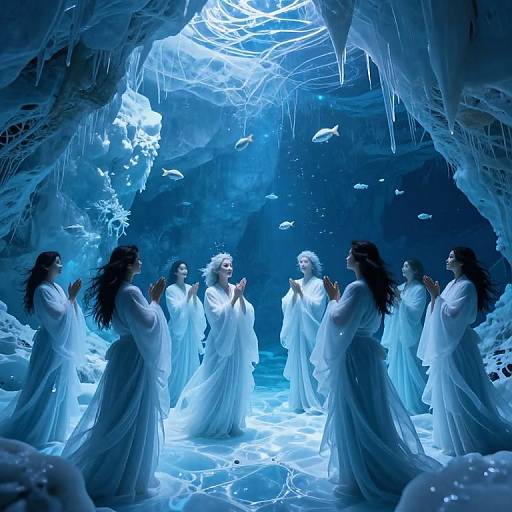 Photograph of six ethereal women in flowing white gowns, standing in a blue-lit, ice cave, clapping around a central figure with