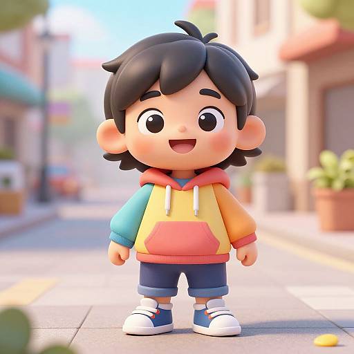 CGI cartoon of a smiling, chubby, black-haired boy in a colorful hoodie and shorts, standing on a sunny, blurred street.