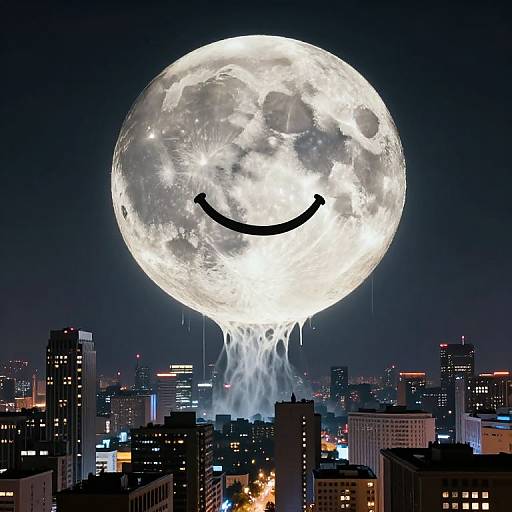 Photograph of a giant, glowing full moon with a smiling black arc, hovering above a cityscape at night, with buildings and city lights below.