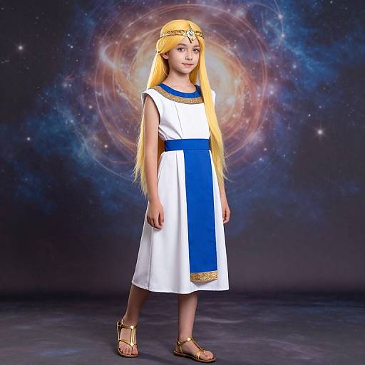 Photograph of a young girl with long blonde hair, wearing a white and blue dress, gold headpiece, and sandals, standing against a cosmic galaxy