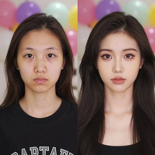 Side-by-side photo of an Asian woman, natural face on left, enhanced with makeup on right, against colorful balloon background.