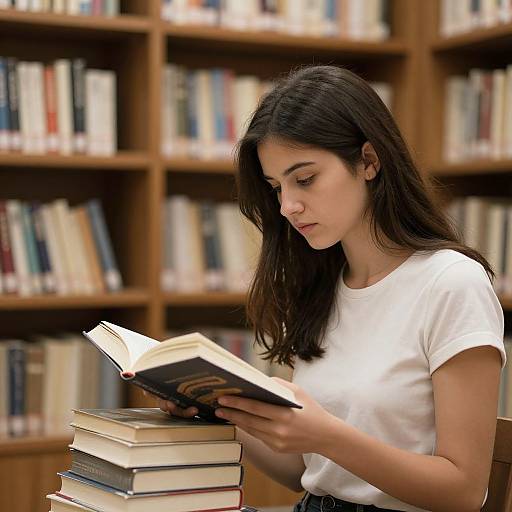 Photograph of a young woman with long dark hair, wearing a white t-shirt, reading a book while sitting at a wooden table, with a stack