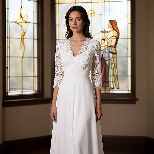 Photograph of a brunette woman with medium skin tone wearing a white lace-embellished wedding dress, standing in a room with stained glass windows.