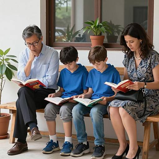 Family Reading Together on Wooden Bench