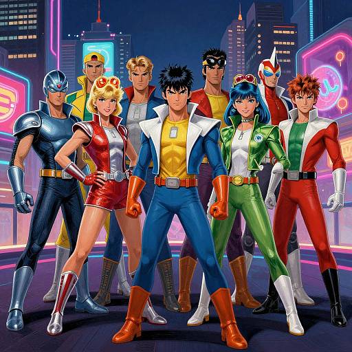 Digital anime-style illustration of a diverse superhero team with vibrant costumes, standing confidently in a neon-lit cityscape at night.