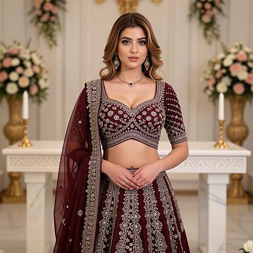 Photograph of a beautiful South Asian woman with wavy brown hair, wearing a maroon embroidered traditional lehenga and dupatta, standing in an orn