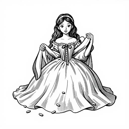 Black and white line drawing of a woman with long hair, wearing an off-shoulder, full-length, flowing dress with puffed sleeves, standing