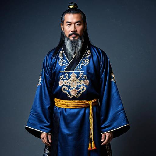 Middle-aged Asian Man in Embroidered Dark Blue Taoist Robe
