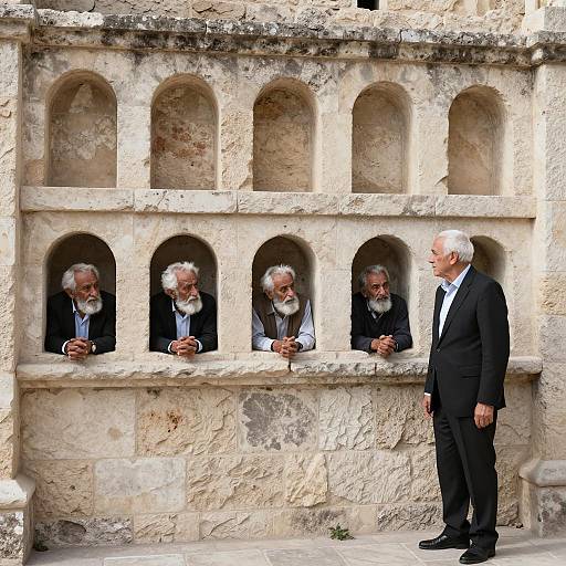 Elderly Men Peering from Stone Niches