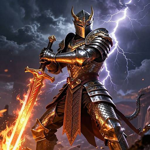 Digital artwork of a fierce knight in glowing, golden armor with horns, wielding a fiery sword, surrounded by lightning in a stormy sky.