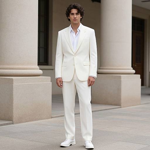 Photograph of a young man with curly black hair, wearing a sharp white suit and white shoes, standing in front of large beige columns.