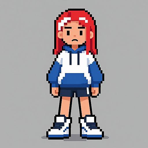Pixel art of a sad-looking girl with red hair, wearing a blue and white hoodie, black shorts, and white sneakers, standing on a grey background
