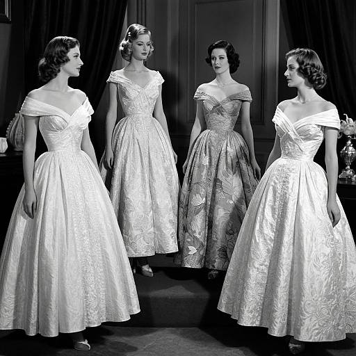 Black-and-white photograph of four 1940s-style women in elegant, off-the-shoulder, floral-patterned, full-skirted wedding
