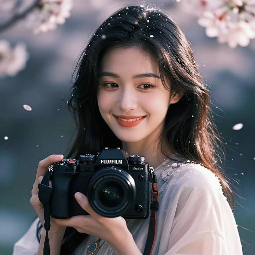 Photograph of an Asian woman with long black hair, smiling, holding a Fujifilm camera, wearing a white blouse, with cherry blossoms and