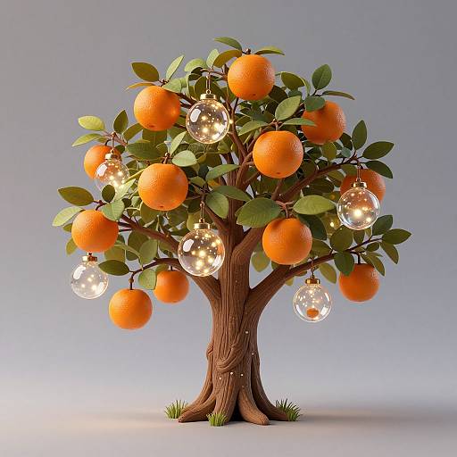Photorealistic digital art of an orange tree with vibrant oranges, green leaves, and clear light bulbs hanging from branches.