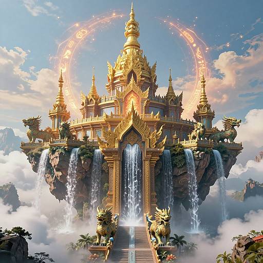 Digital art of a golden, ornate temple with cascading waterfalls, surrounded by clouds and a radiant halo, set against a bright, blue sky