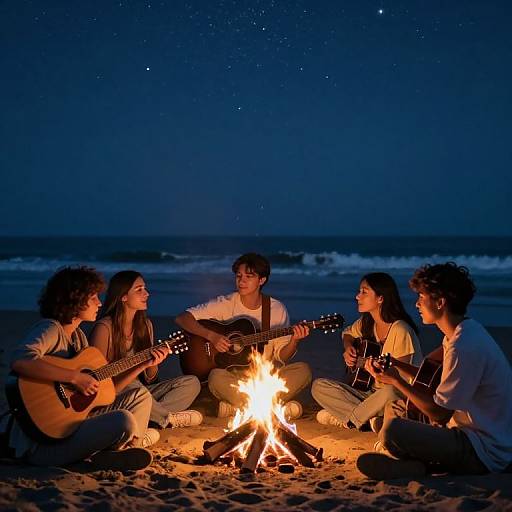 Photograph of four friends sitting around a beach campfire at night, playing acoustic guitars under a starry sky with waves in the background.