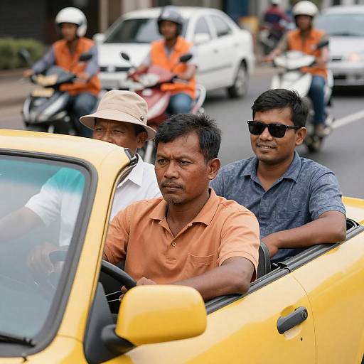 Busy Street Scene with Men in Car