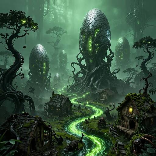 Digital fantasy artwork: eerie, glowing green swamp with twisted trees, giant tentacled eggs, and luminescent green paths leading to rustic wooden h