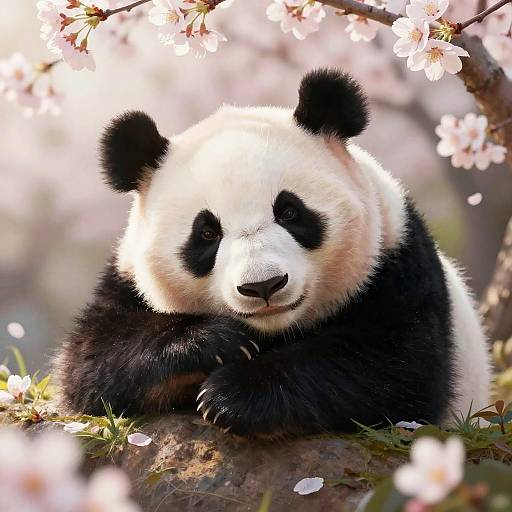 Sleepy Giant Panda in Cherry Blossoms