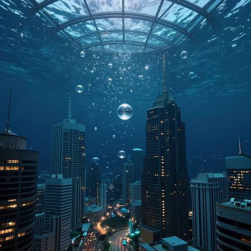 Photograph of a futuristic cityscape at night, featuring tall skyscrapers, glowing lights, and floating blue bubbles under a dome roof.